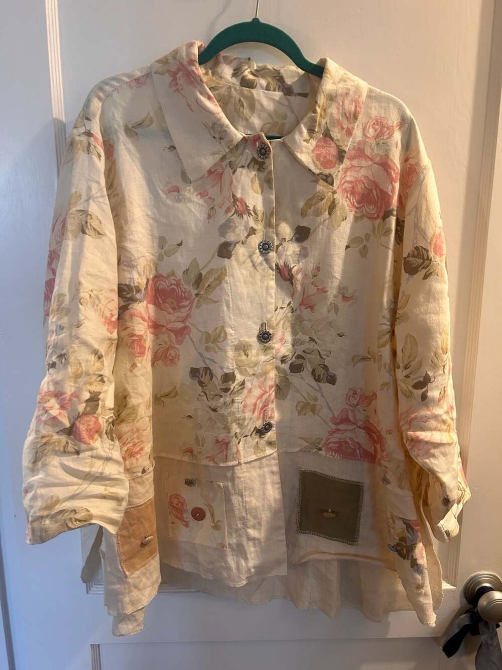 Vintage 90s Surrealist Floral Linen Patchwork Button-Down Shirt Jacket - Picture 2 of 13
